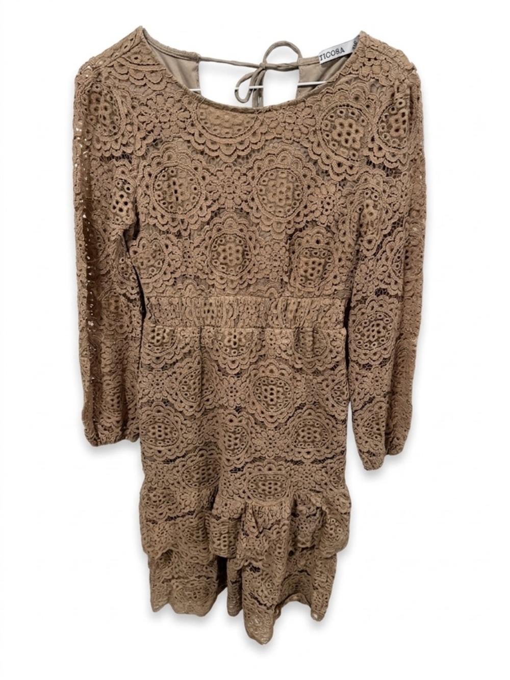 TICOSA Women’s Taupe Tiered Lace Dress Size Small
